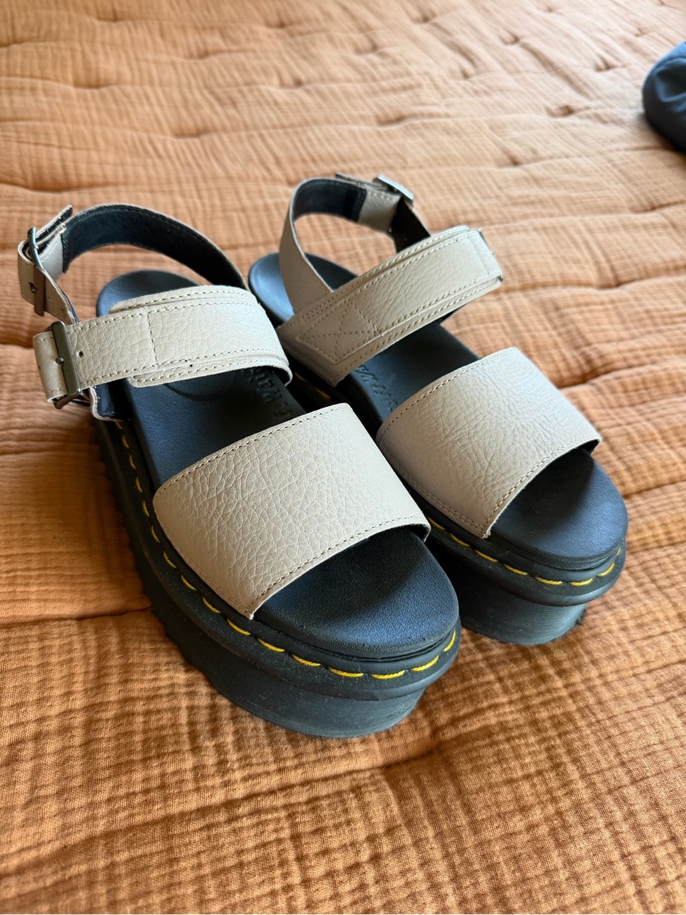 Dr. Martens Voss Pisa Platform Sandals - Tan Leather with Yellow Stitching